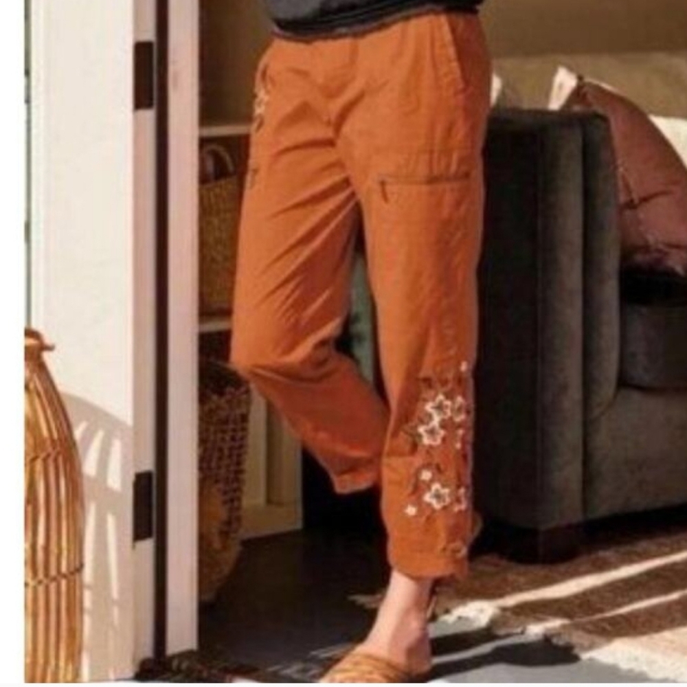 Soft Surroundings Boho Cropped Embroidered Cargo Pants 1X Rust